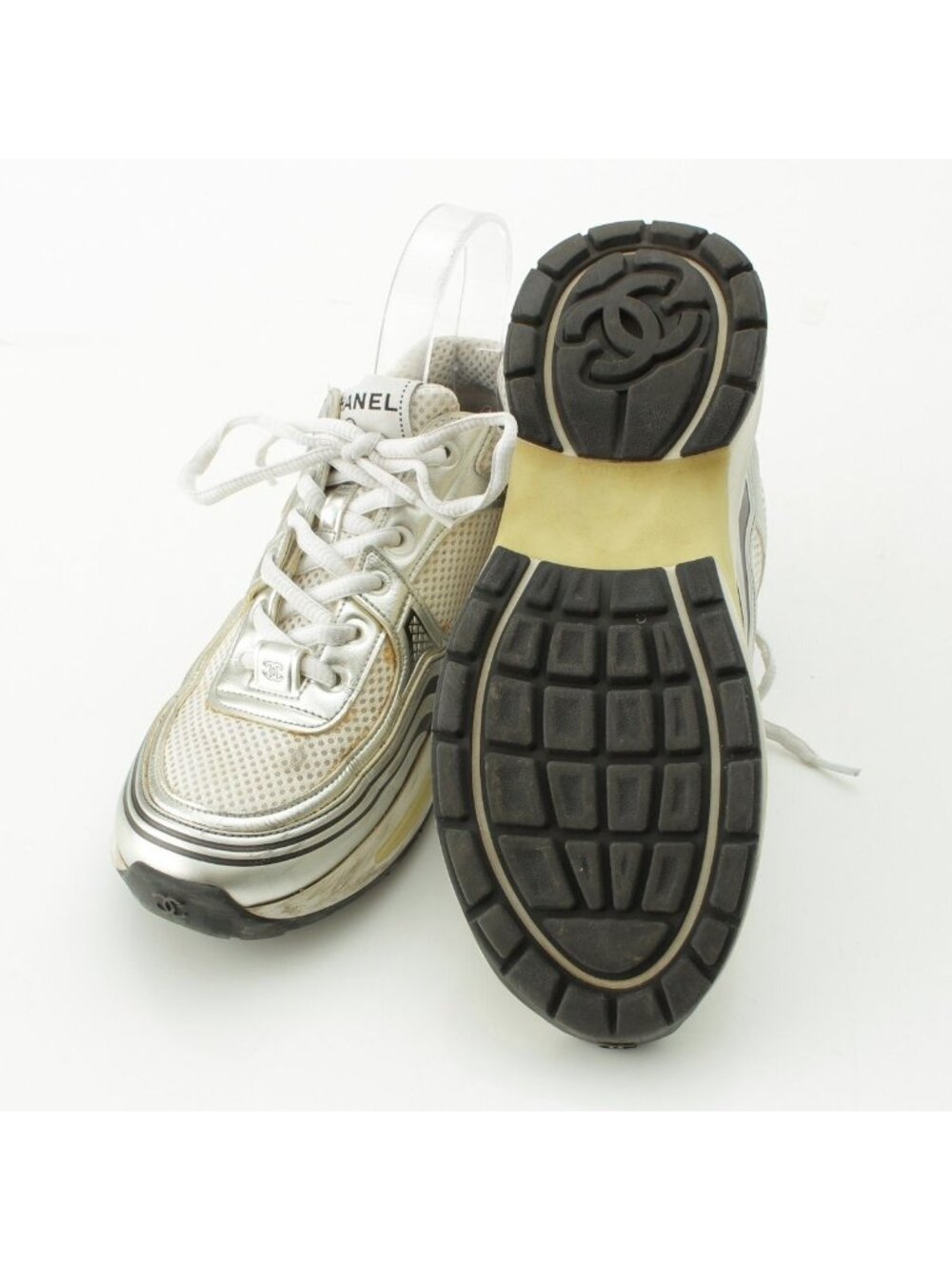 Chanel Mesh CC Logo Sneakers Low Cut Silver White - Picture 5 of 10